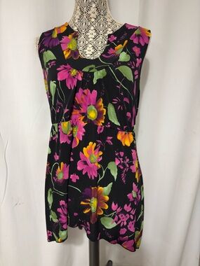 Vintage CAROLE LITTLE Y2K Black Bold Floral Shark Bite Hem Sz Med Summer Top